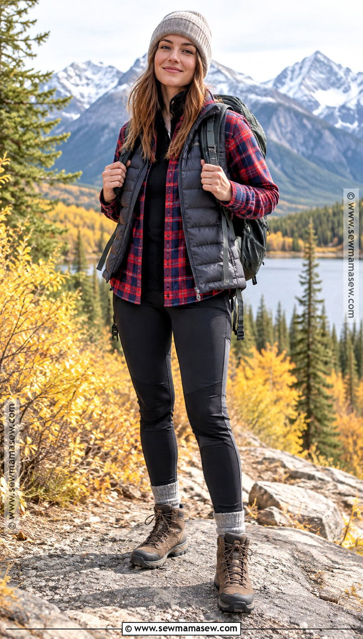 Plaid Hiking Shirt and Black Leggings Banff Outfit - 15 banff hiking outfit fall ideas