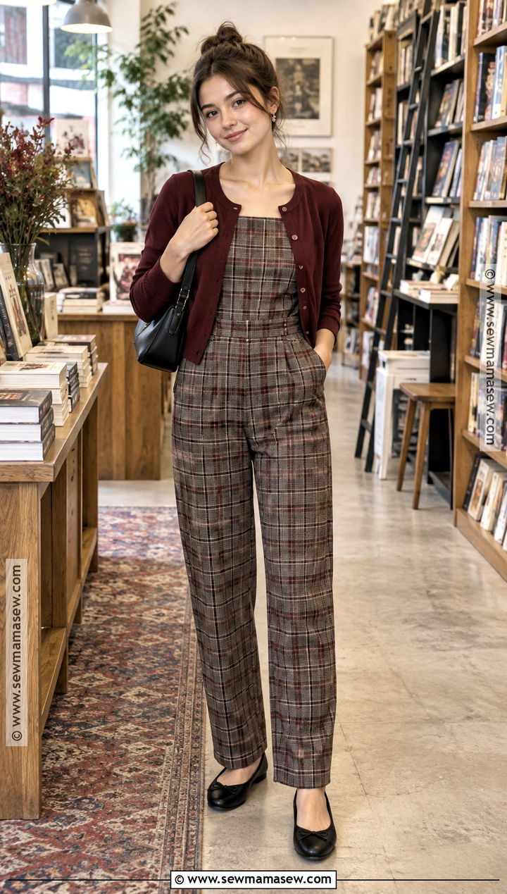 Plaid Jumpsuit With Ballet Flats - 15 Jumpsuits For Women Casual Fall