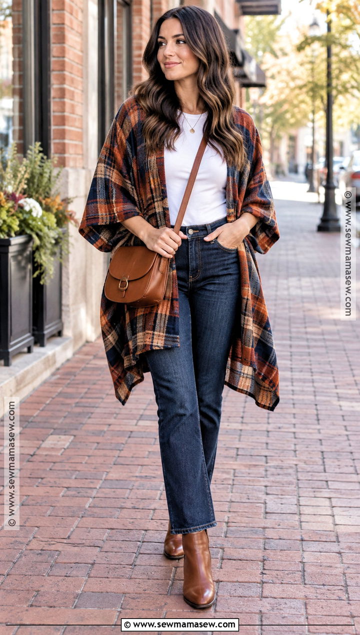 Plaid Kimono With White Tee And Dark Jeans - 15 fall kimono outfit ideas