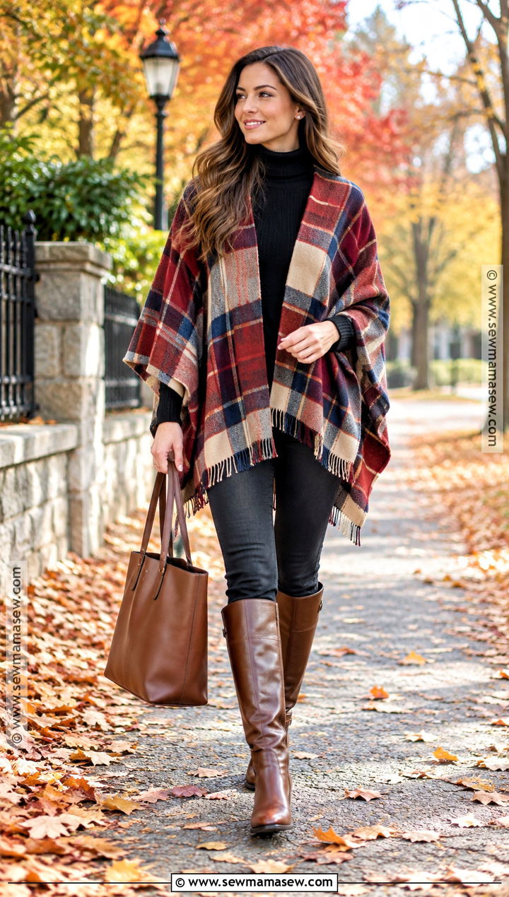 Plaid Knit Poncho With Black Jeans And Riding Boots - 15 Knit Poncho Fall Fashion Ideas