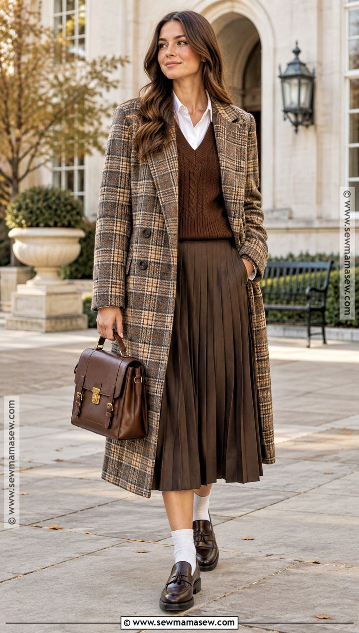 Plaid Long Coat With Pleated Skirt - 20 long coat fall outfit ideas