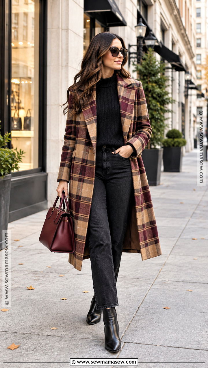 Plaid Long Coat With Sweater and Black Jeans - 15 fall outfit long coat ideas