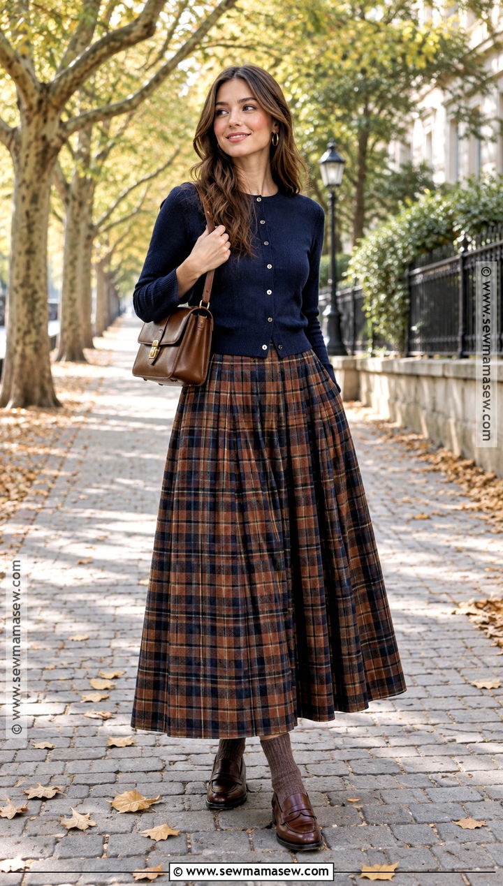 Plaid Long Skirt Outfit With Cardigan - 25 fall outfits long skirt
