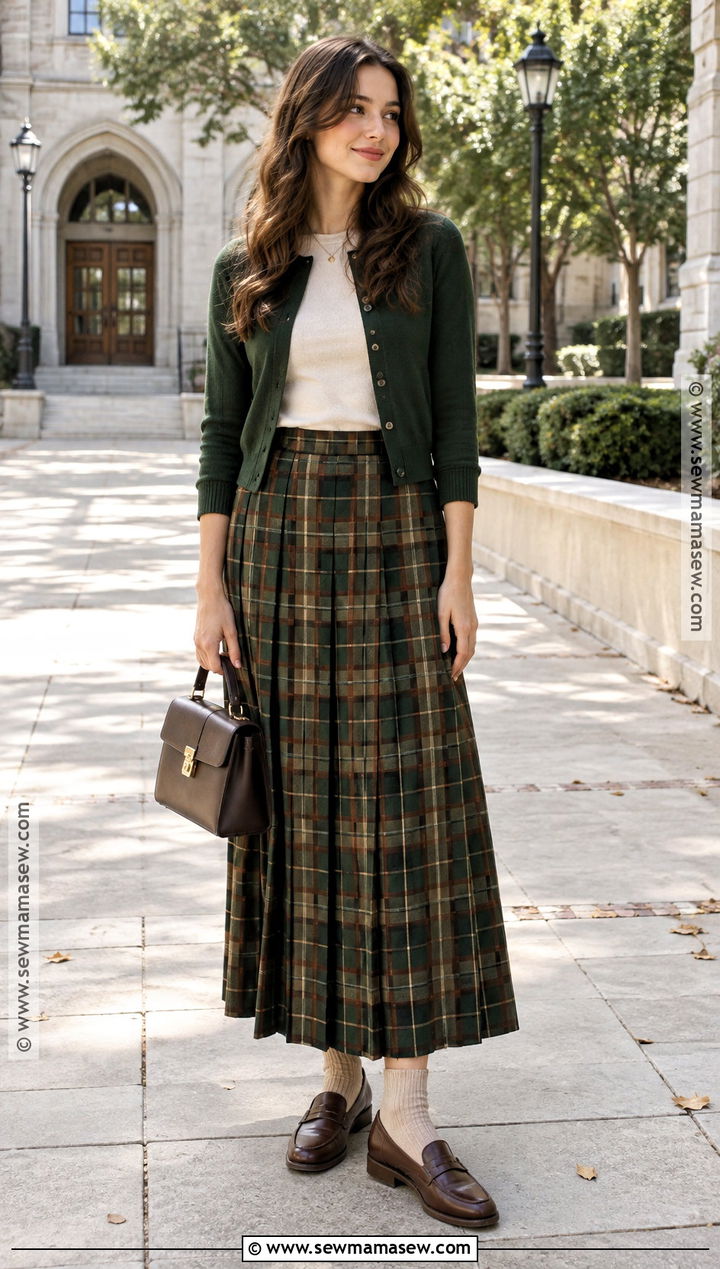 Plaid Long Skirt Outfit With Cardigan And Loafers - 25 long skirt outfits for fall
