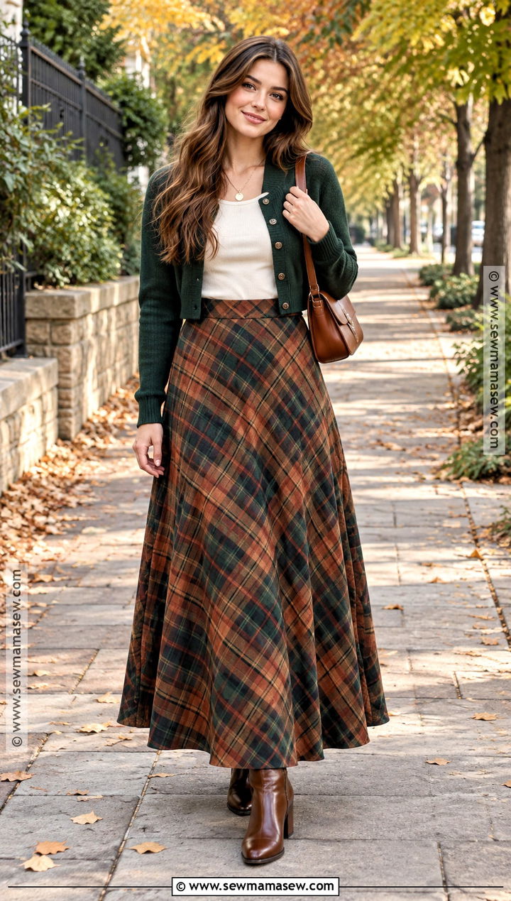 Plaid Long Skirt With Cardigan And Ankle Boots - 25 Long Skirt Fall Outfits