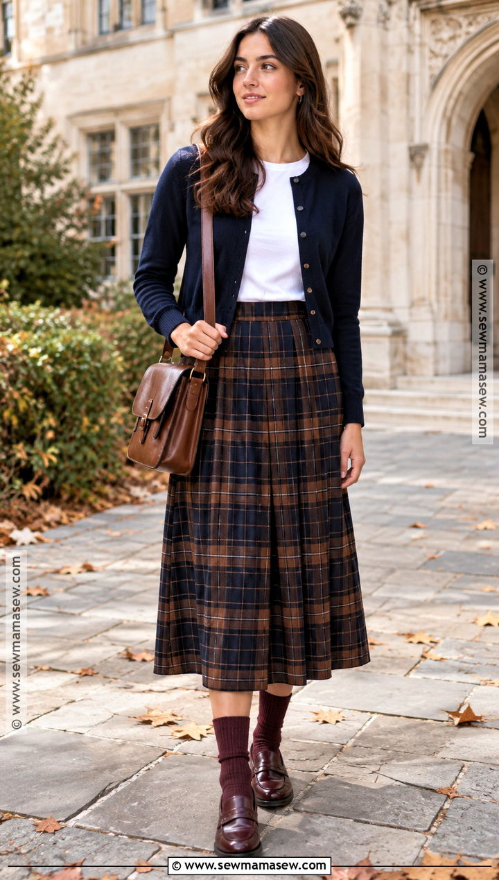 Plaid Long Skirt With Cardigan And Loafers - 20 Long Skirt Outfits For Autumn