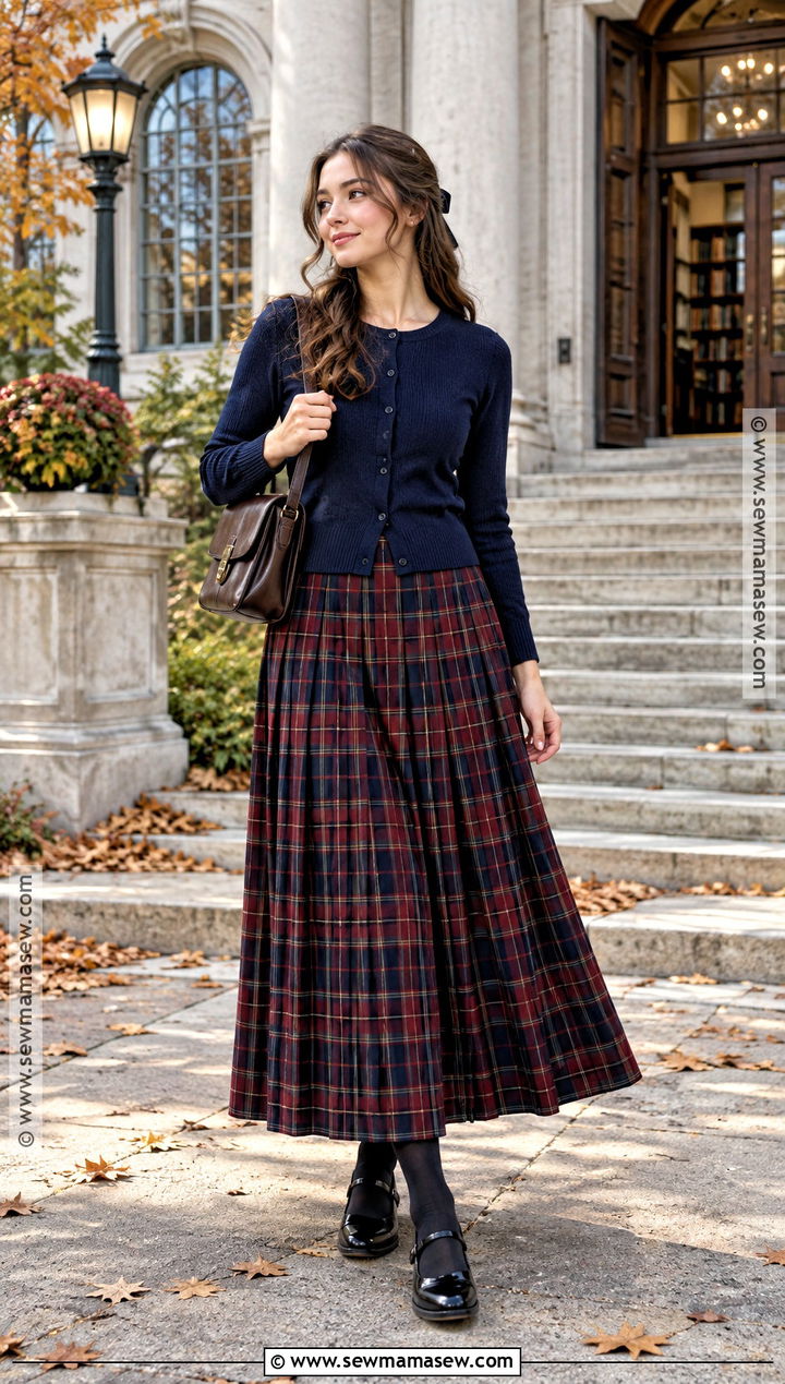 Plaid Long Skirt With Cardigan and Mary Janes - 20 Long Skirt Fall Ideas
