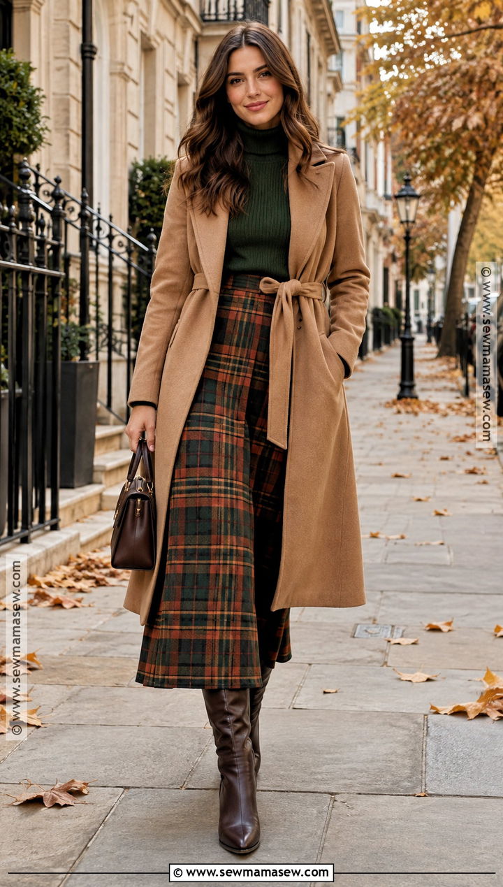 Plaid Long Skirt With Fitted Sweater And Knee High Boots - 20 autumn outfits long skirt