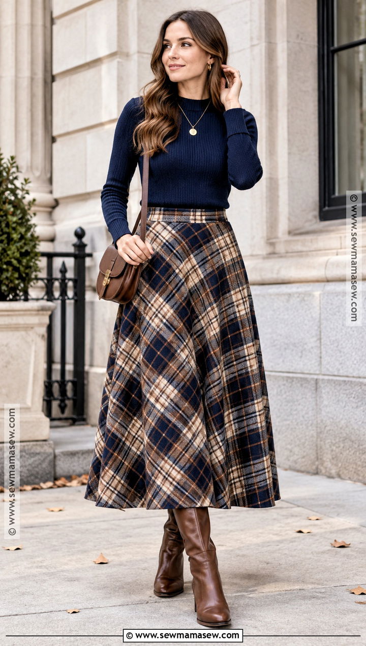 Plaid Long Skirt With Fitted Sweater And Knee High Boots - 15 Long Skirt Outfits For Fall Casual