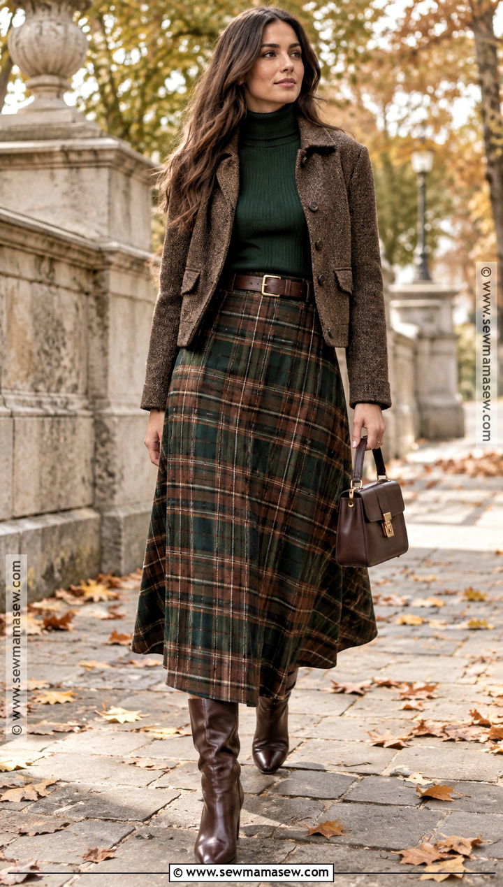 Plaid Long Skirt With Fitted Sweater And Tall Boots - 20 fall outfit long skirt ideas