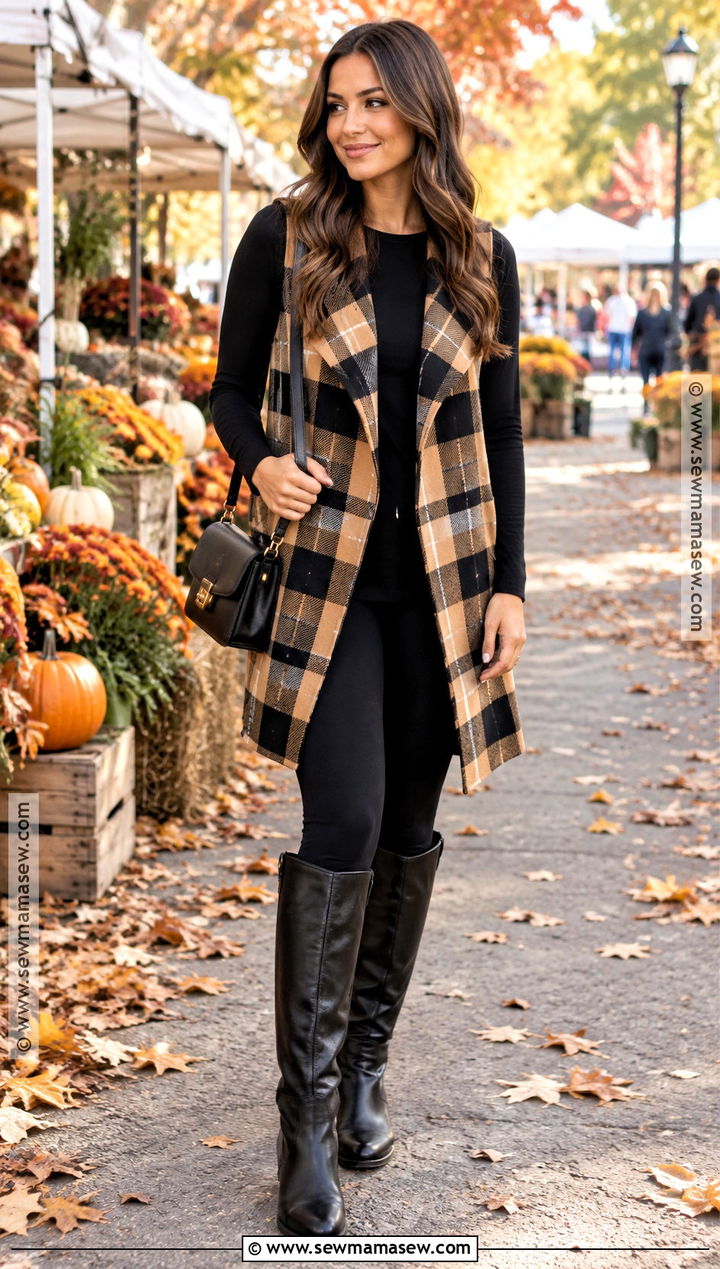Plaid Long Vest With Black Top And Leggings - 20 Long Vest Outfit Fall Ideas