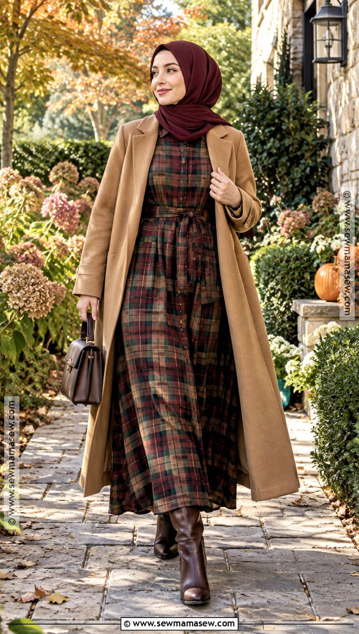Plaid Maxi Dress Hijabi Outfit With Tall Boots - 25 fall hijabi outfits