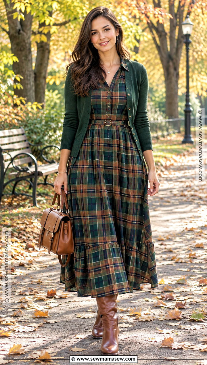 Plaid Maxi Dress With Knee High Boots - 25 Fall Maxi Dress Ideas