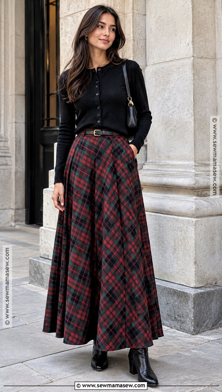 Plaid Maxi Skirt With Black Cardigan And Leather Boots - 25 plaid skirt outfit fall ideas