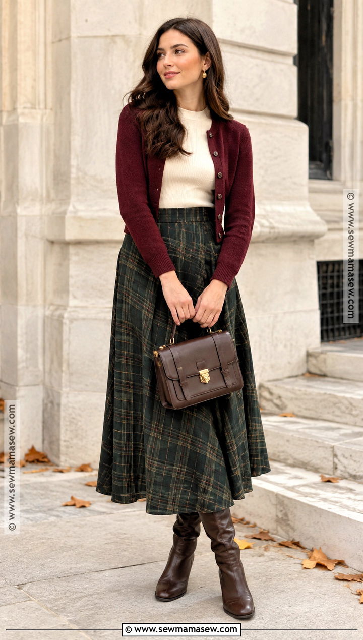 Plaid Maxi Skirt With Cardigan And Knee High Boots - 25 fall maxi skirt outfits