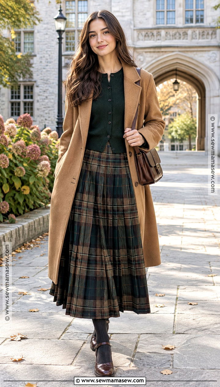 Plaid Maxi Skirt With Cardigan And Mary Jane Shoes - 20 maxi skirt autumn outfit ideas