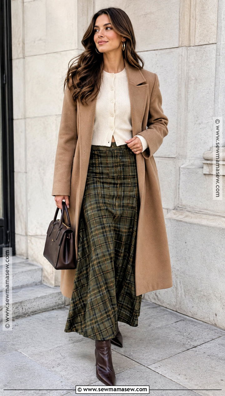 Plaid Maxi Skirt With Cropped Cardigan And Ankle Boots - 25 plaid skirt outfit fall ideas
