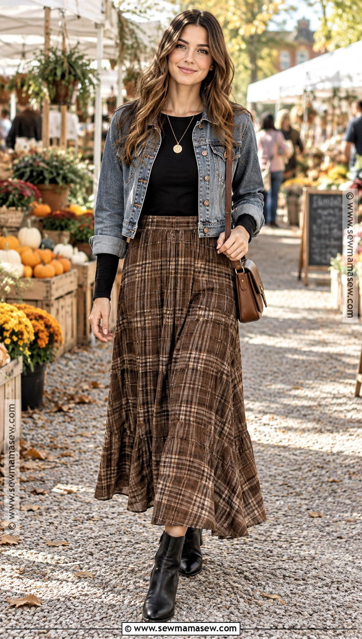 Plaid Maxi Skirt With Denim Jacket And Boots - 25 fall plaid ideas
