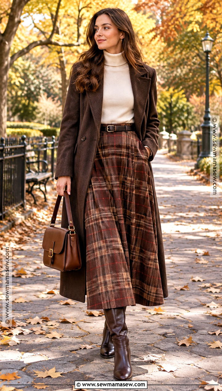 Plaid Maxi Skirt With Fitted Knit And Riding Boots - 20 Autumn Maxi Skirt Outfit Ideas