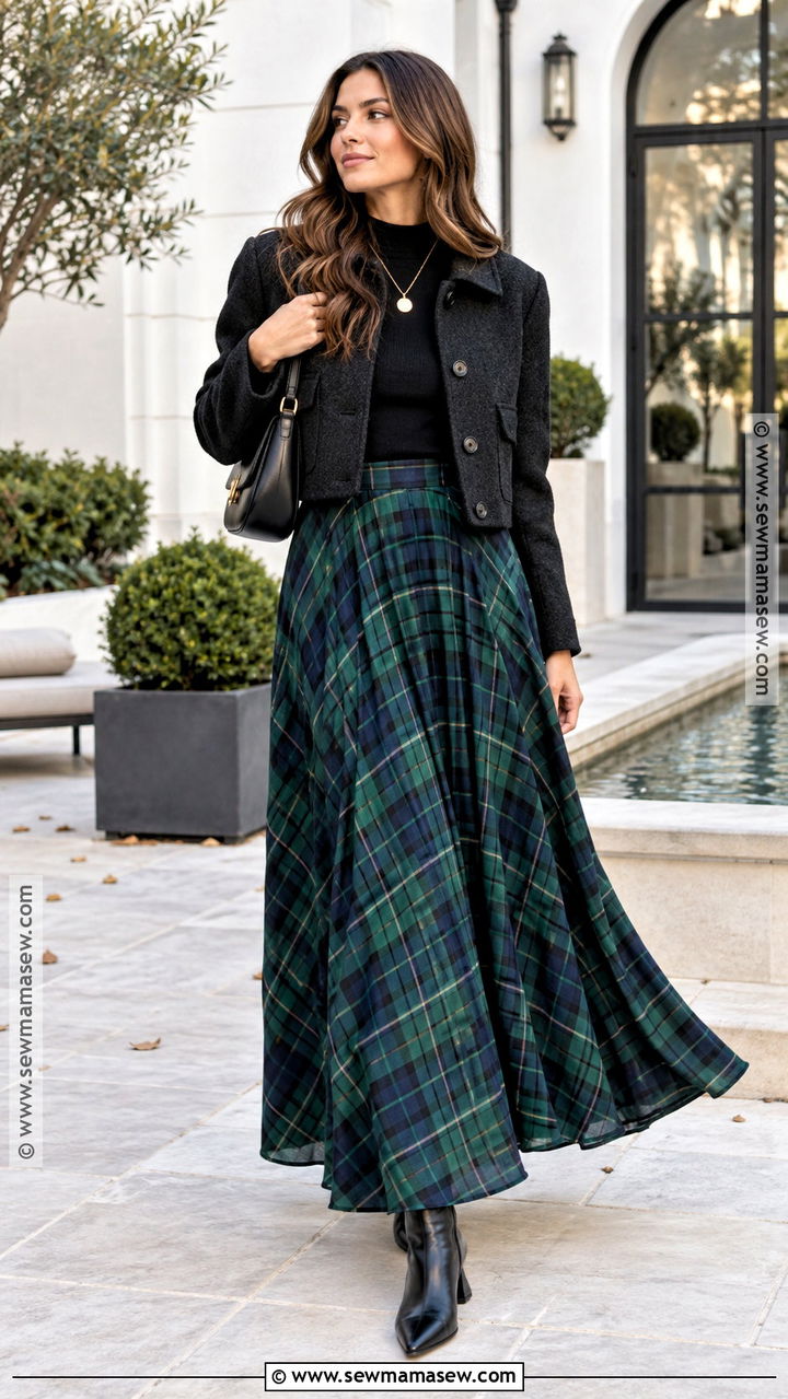 Plaid Maxi Skirt With Fitted Long Sleeve Top - 20 fall plaid skirt outfit ideas