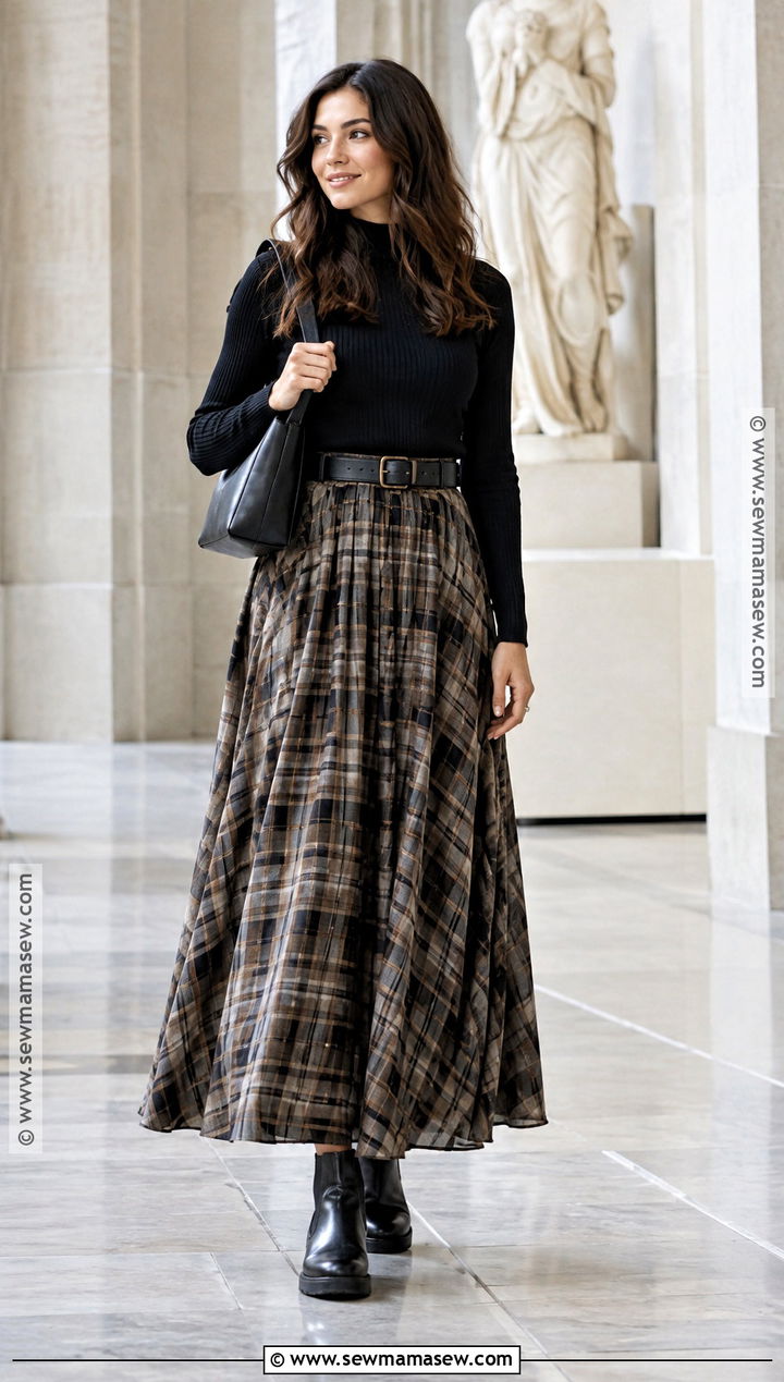 Plaid Maxi Skirt With Fitted Sweater And Chelsea Boots - 20 plaid skirt fall outfit ideas
