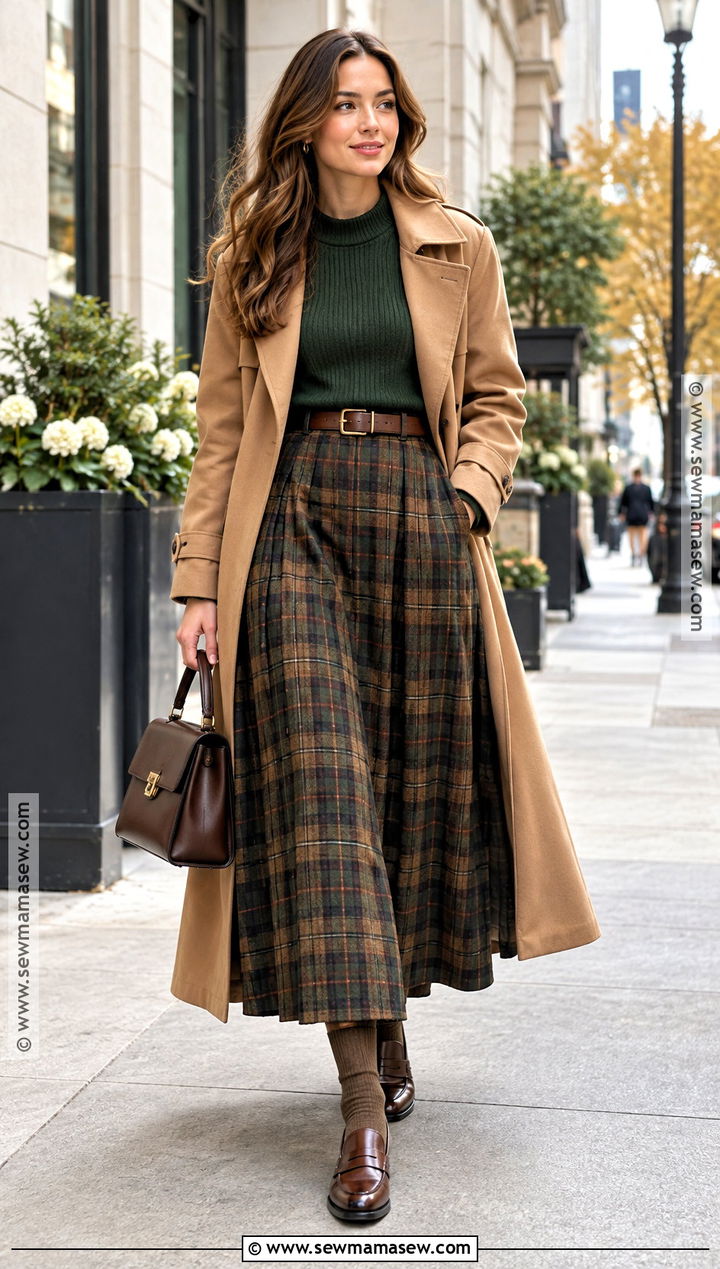 Plaid Maxi Skirt With Fitted Sweater And Loafers - 20 fall outfits maxi skirt