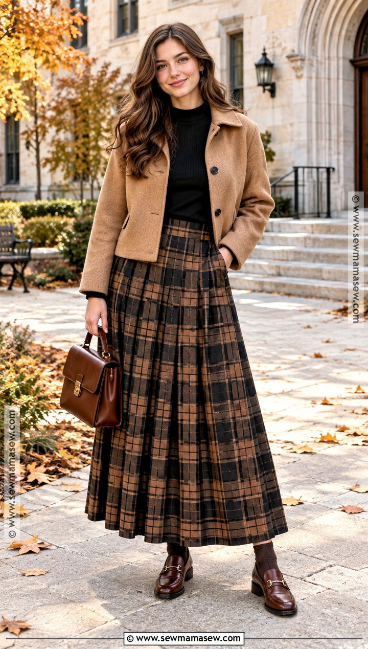 Plaid Maxi Skirt With Fitted Sweater And Loafers - 15 maxi skirt outfit fall ideas 2026