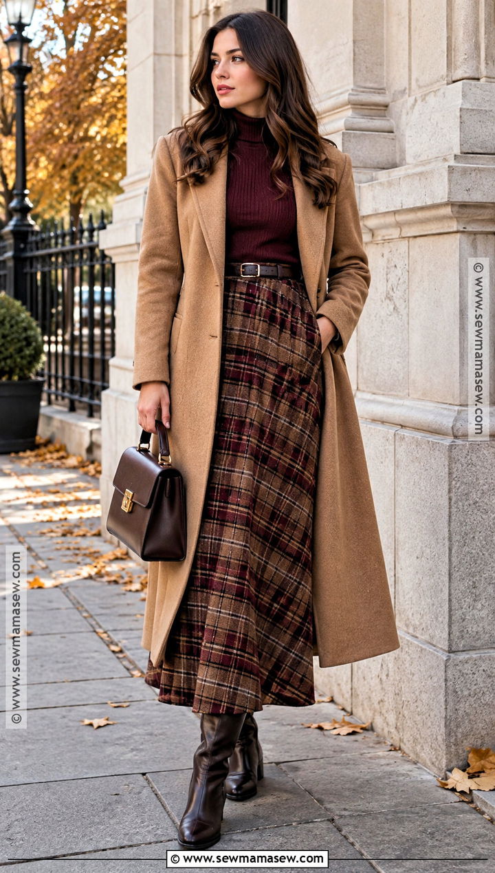 Plaid Maxi Skirt With Fitted Sweater And Riding Boots - 15 fall outfits with maxi skirts