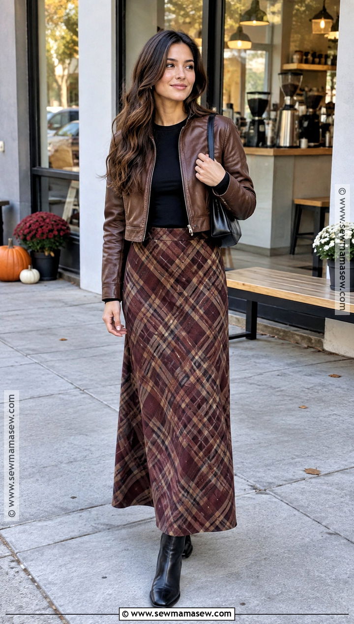 Plaid Maxi Skirt With Fitted Tee And Leather Jacket - 25 maxi skirt fall outfit ideas