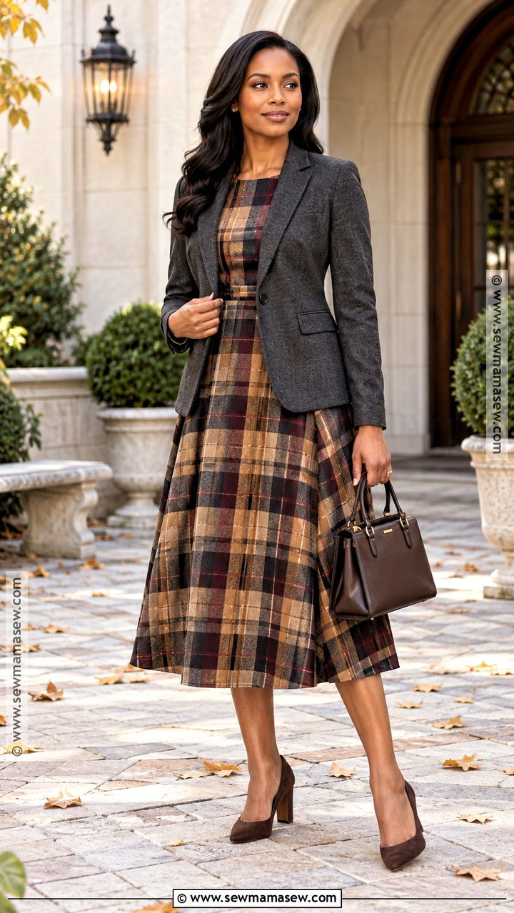 Plaid Midi Church Dress With A Blazer - 20 fall church dresses