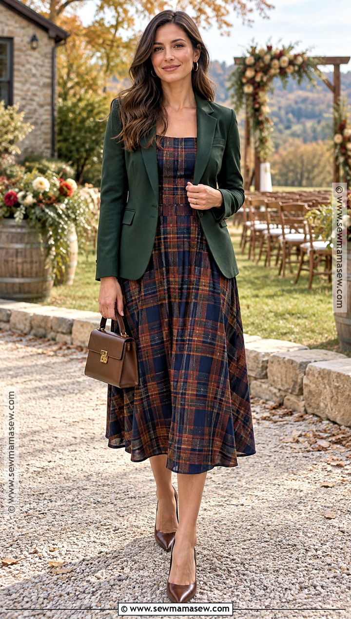 Plaid Midi Dress And Blazer Fall Wedding Guest Outfit - 15 Trendy Fall Wedding Guest Outfit Ideas