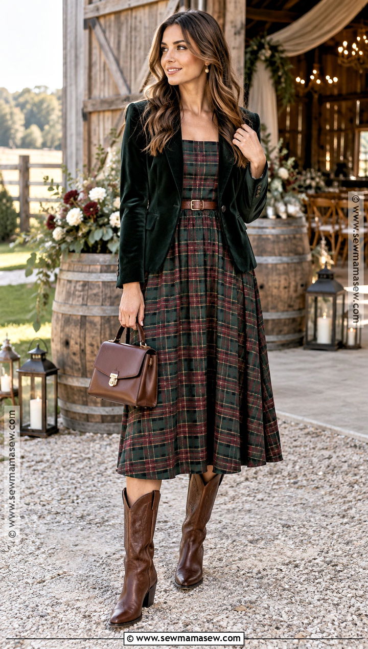 Plaid Midi Dress And Blazer Western Wedding Guest Outfit - 15 fall wedding guest outfit western ideas