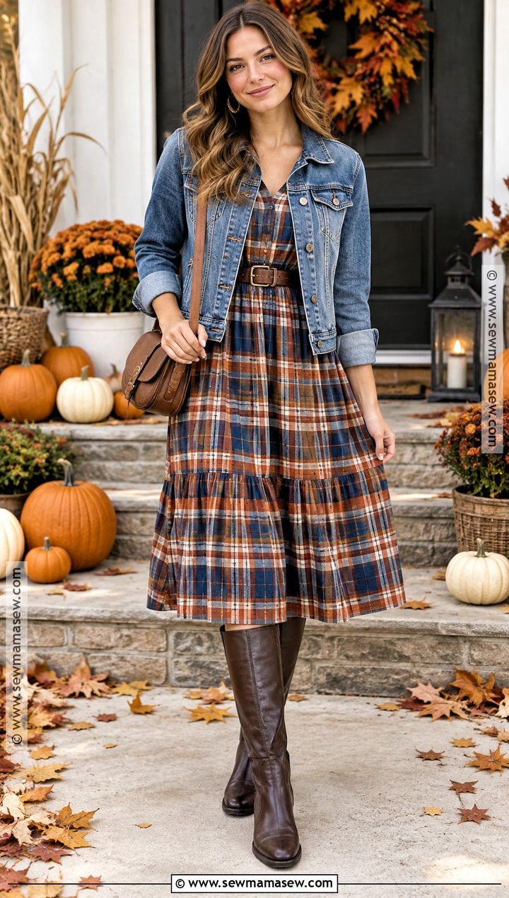 Plaid Midi Dress And Denim Jacket Pumpkin Patch Look - 15 pumpkin patch looks