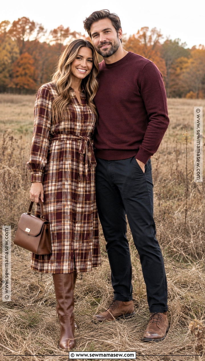 Plaid Midi Dress Fall Couple Photo Outfit - 15 fall couple photos outfits dress