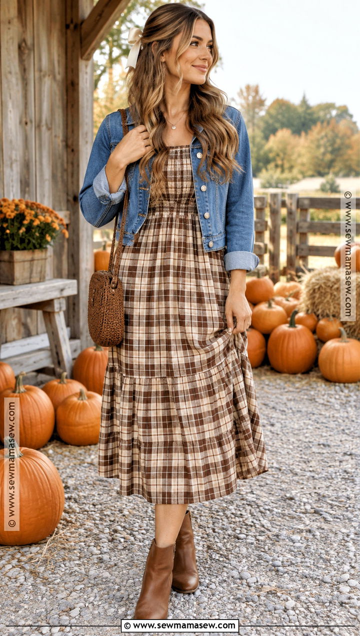 Plaid Midi Dress With A Denim Jacket And Ankle Boots - 15 Pumpkin Patch Outfit Ideas for Women 2026