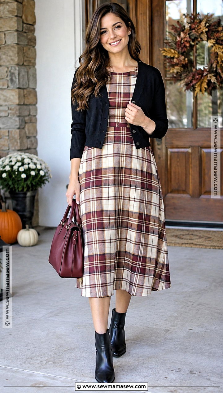 Plaid Midi Dress With Black Ankle Boots - 15 Fall Picture Dresses for Women