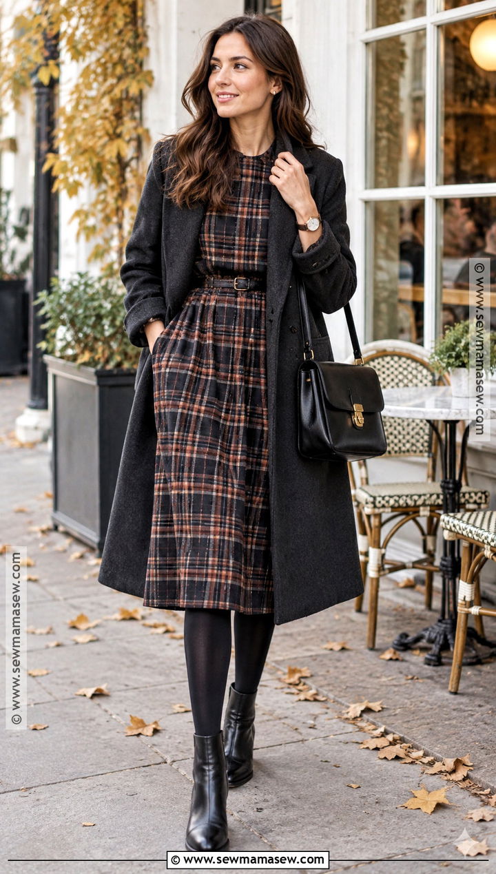 Plaid Midi Dress With Black Ankle Boots - 15 autumn day dresses