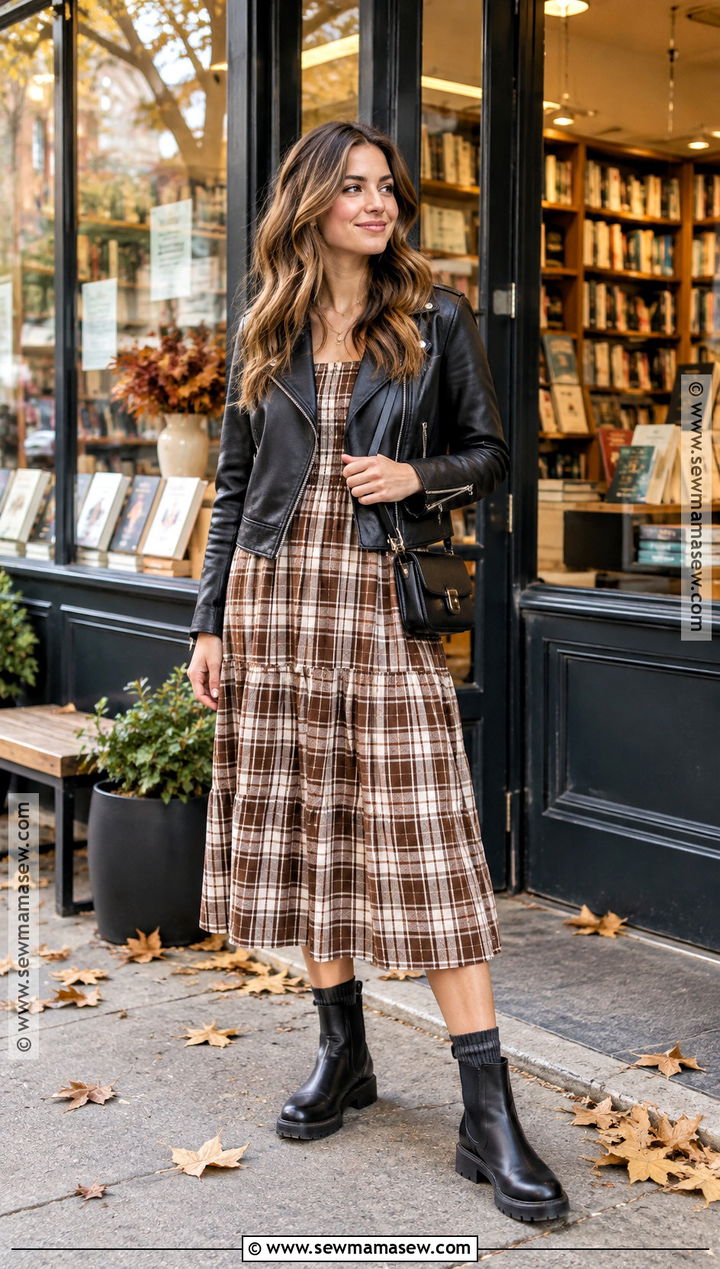 Plaid Midi Dress With Chelsea Boots - 20 cute fall dresses