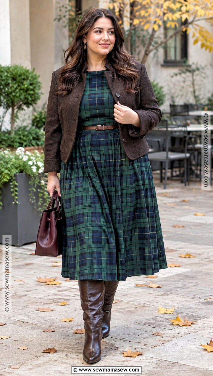 Plaid Midi Dress With Knee High Boots - 20 plaid dress outfit fall ideas