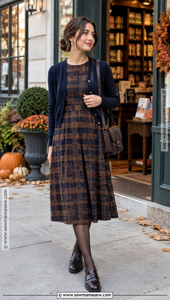 Plaid Midi Dress With Loafers - 15 fall date night dress outfit ideas