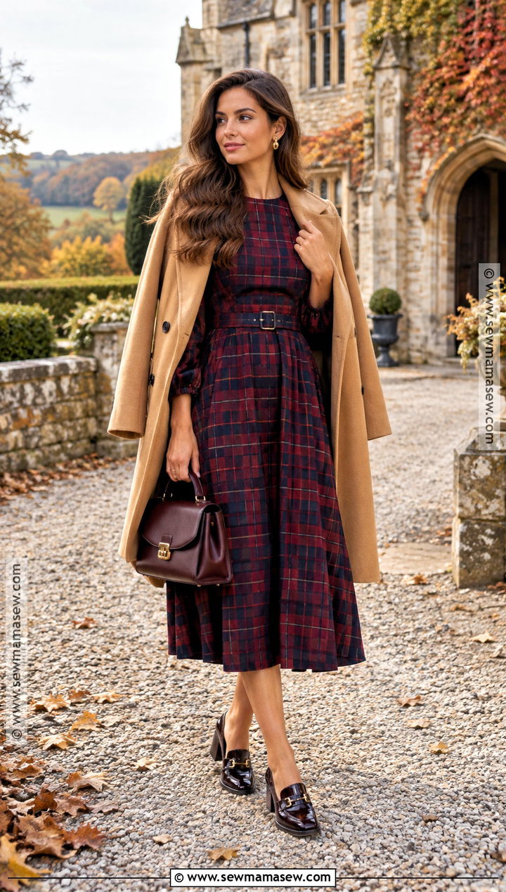 Plaid Midi Dress With Loafers - 20 fall casual wedding guest attire ideas