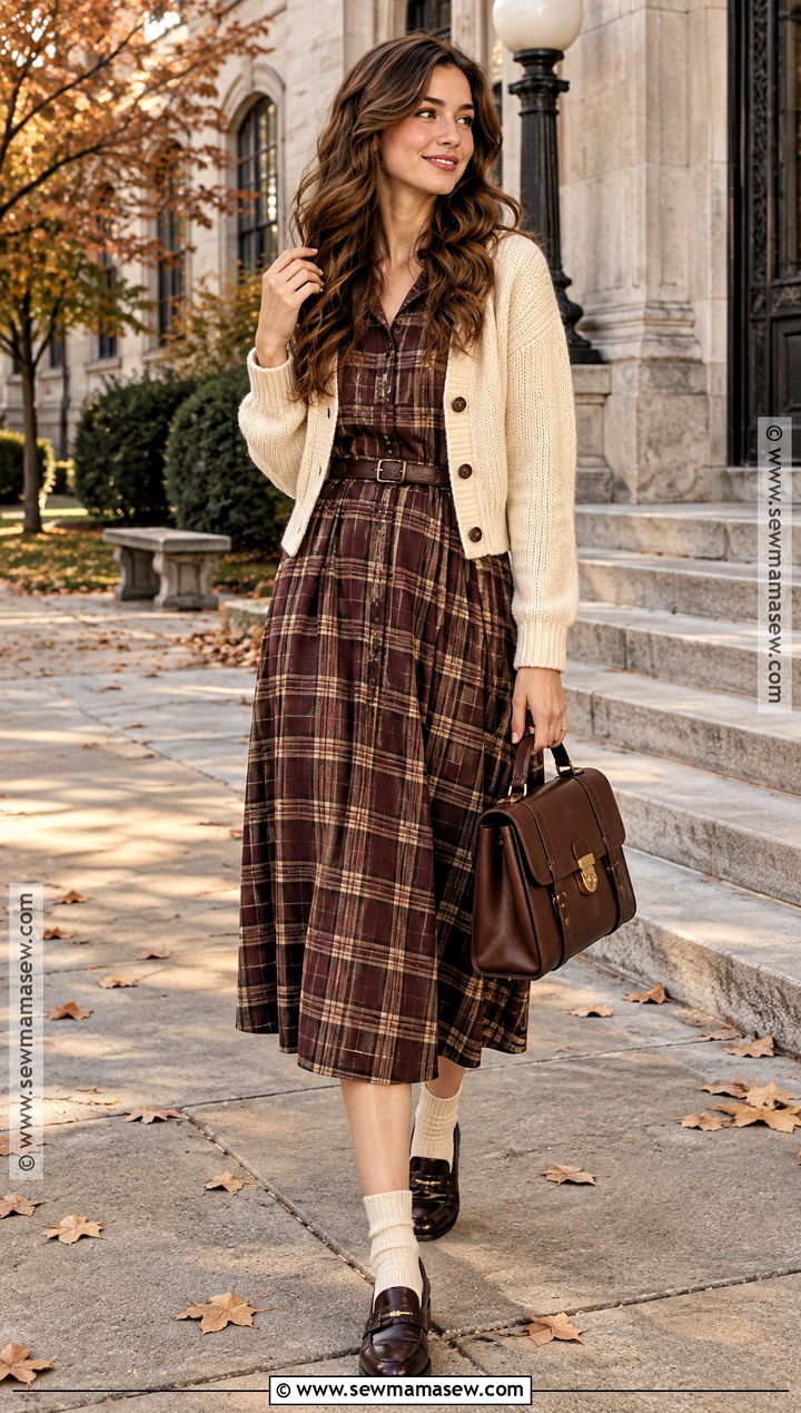 Plaid Midi Dress With Loafers - 15 best fall dresses