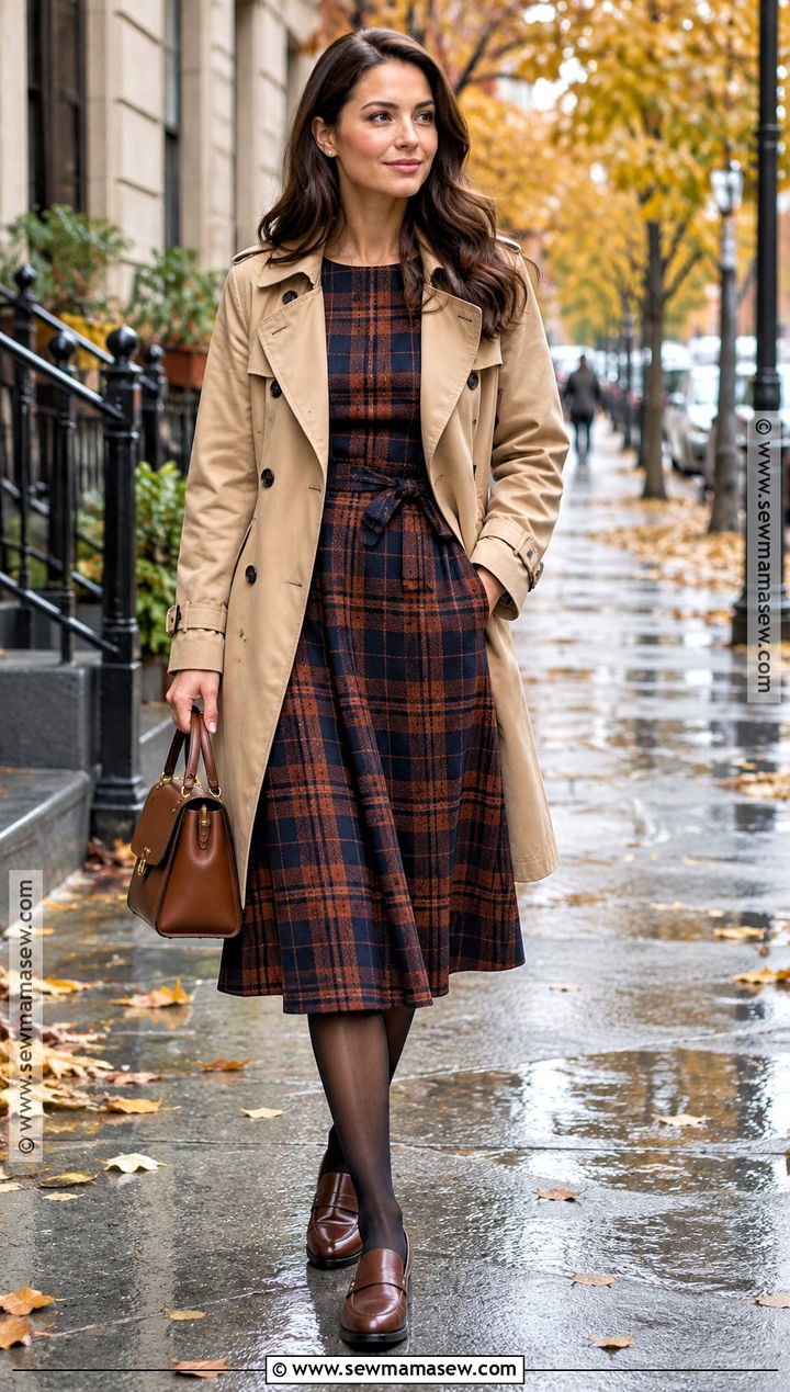Plaid Midi Dress With Trench Coat - 20 Fall Dress Outfits for Women