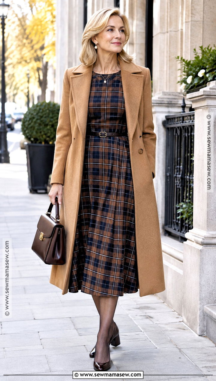 Plaid Midi Dress With Wool Coat And Pumps - 20 plaid dress outfit fall ideas