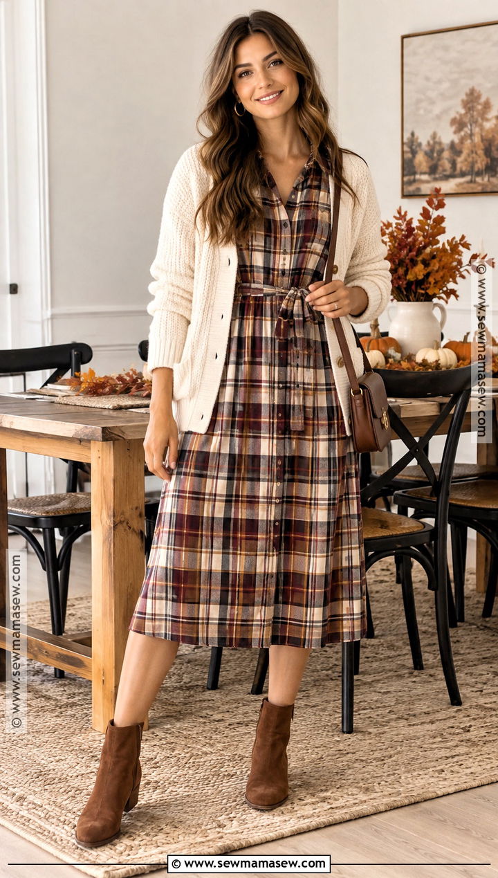 Plaid Midi Dress and Ankle Boots Thanksgiving Outfit - 20 Comfy Thanksgiving Day Outfits