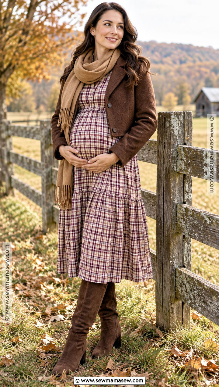 Plaid Midi Dress and Knee High Boots Maternity Photoshoot Outfit - 20 November Maternity Photoshoot Outfits