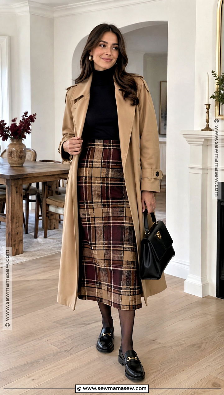 Plaid Midi Skirt And Black Turtleneck Bridal Shower Outfit - 20 fall bridal shower outfit for guest casual ideas
