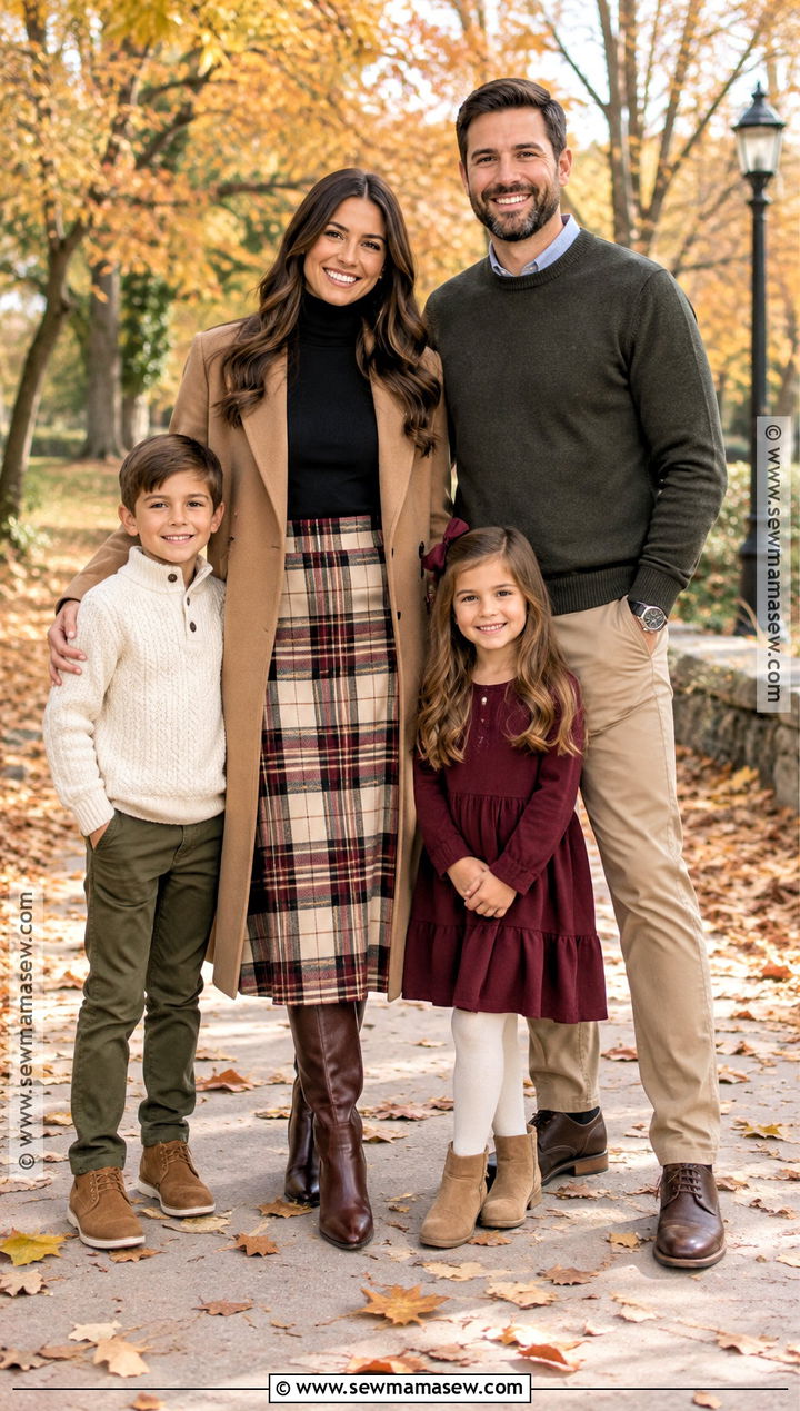 Plaid Midi Skirt And Black Turtleneck Fall Family Photo Outfit - 15 mom family photo outfit fall ideas