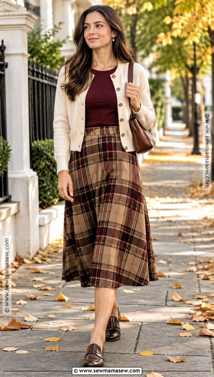 Plaid Midi Skirt And Cardigan Church Outfit - 15 fall church outfits