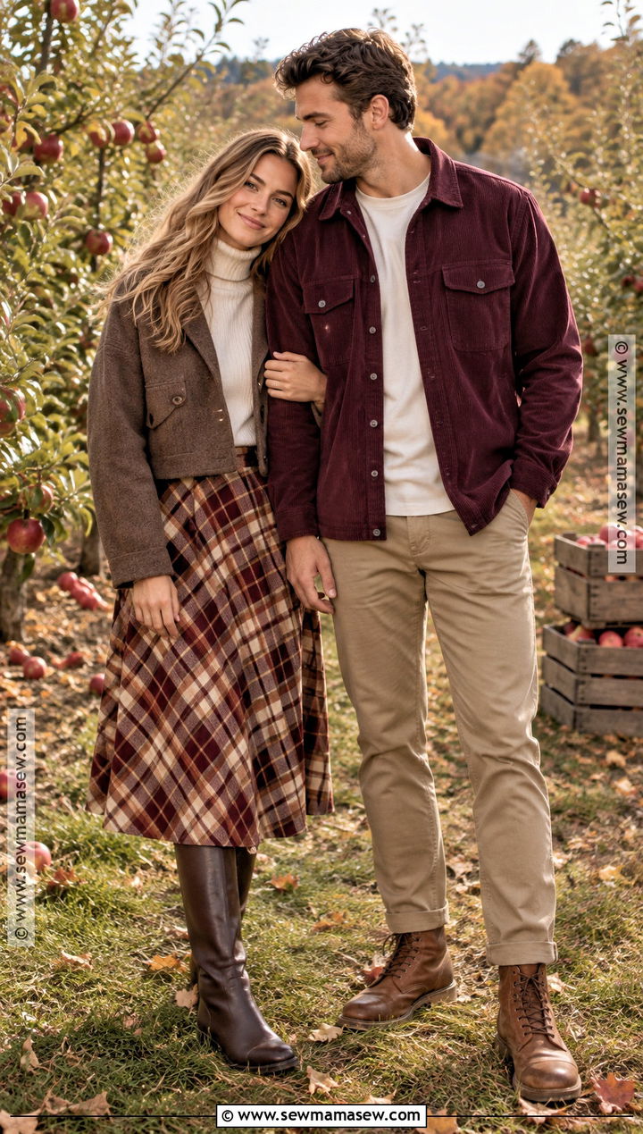 Plaid Midi Skirt And Corduroy Overshirt Fall Couples Photoshoot Outfit - 15 couples photoshoot fall outfit ideas